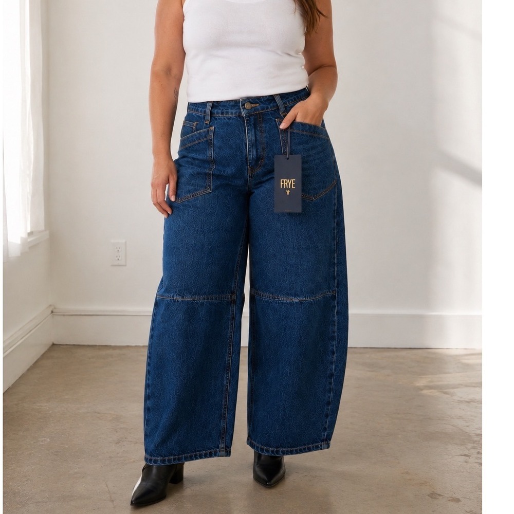 Frye Barrel Jean Medium Wash Floral Laser Etched Wide Leg Denim Pants 12 NEW